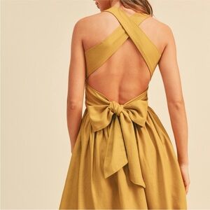 MIOU MUSE Mustard Yellow Linen Blend Crisscross Open Back Dress – Size M